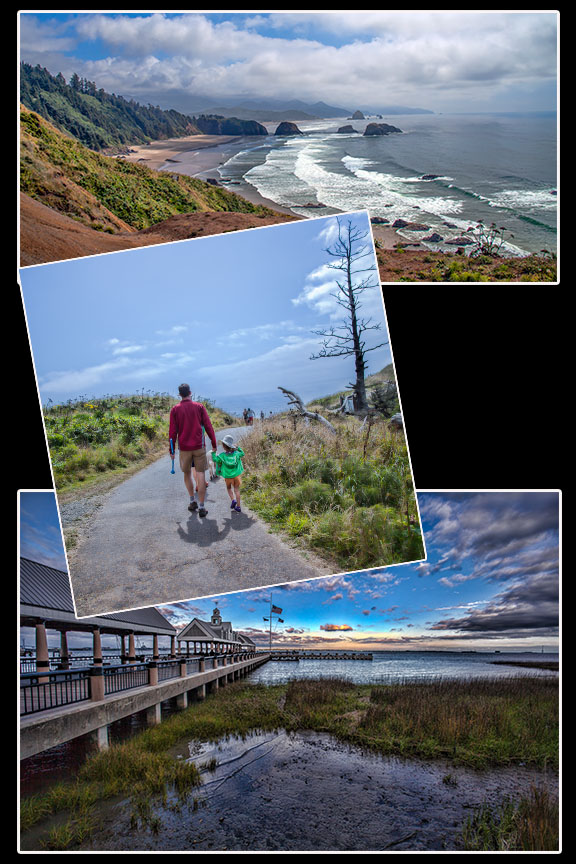 Cannon Beach (top), Ecola State Park Walk (middle), and Charleston Boardwalk